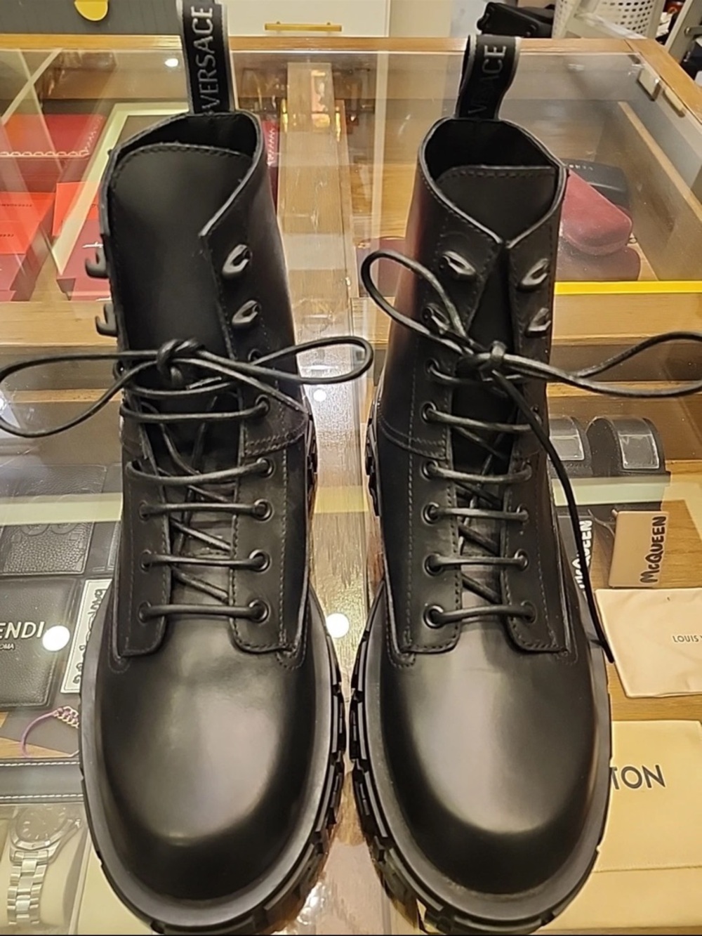 NWOB Versace Black Leather Lace-Up Combat Boots